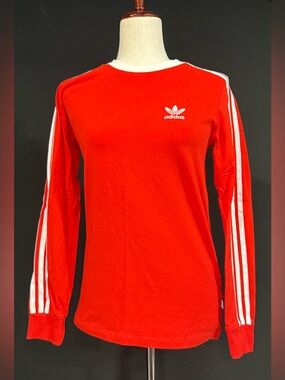 adidas Red Long Sleeve Three-Stripe Crew Neck Top
